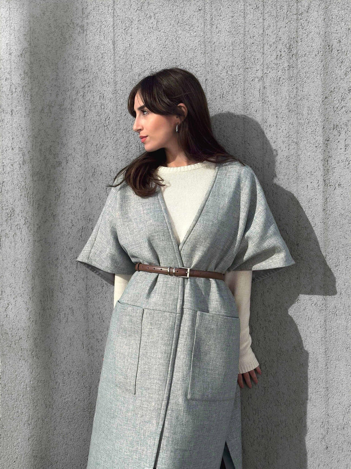 Cape wool coat with leather belt "Anaïs" - Auréline Atelier