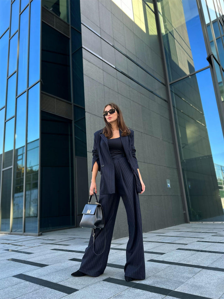 Wool Trousers in Dark Blue with belt - Auréline Atelier