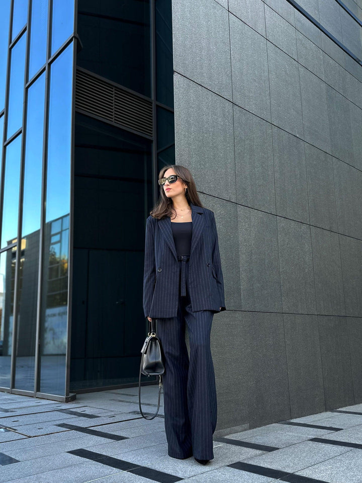 Wool Trousers in Dark Blue with belt - Auréline Atelier