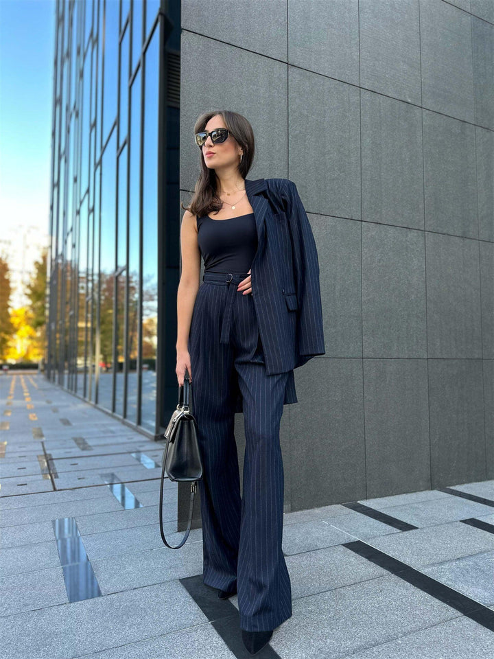 Wool Trousers in Dark Blue with belt - Auréline Atelier