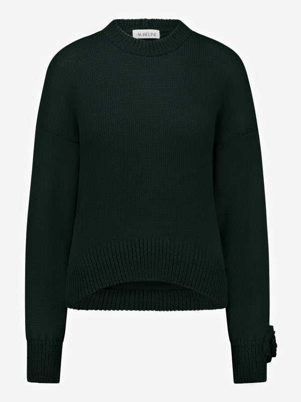 Emerald Merino Wool Pullover with Flower Detail